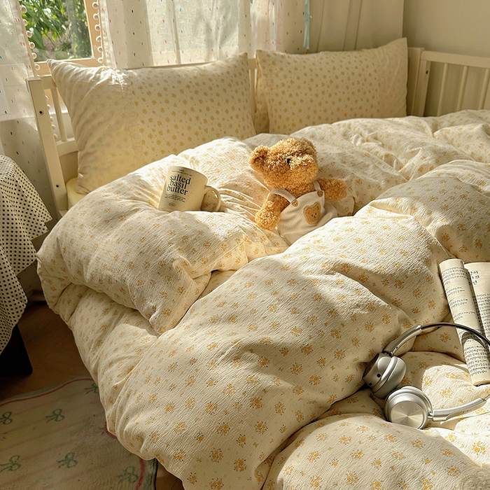 91家纺网 家纺一手货源 找家纺 沐芷 2025 蕾丝花边A类木棉双层纱四件套公主风床单被套宿舍三件套少女心 宽花边-蜜糖黄花