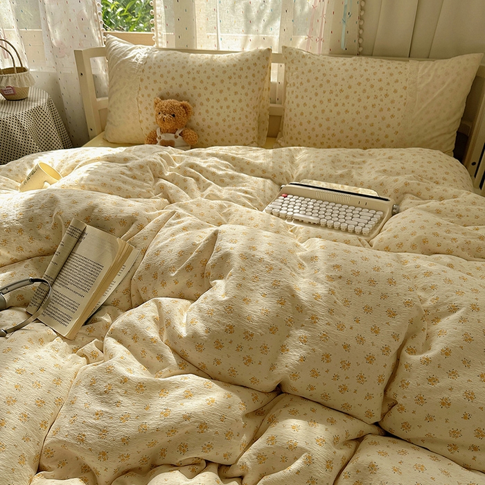 91家纺网 家纺一手货源 找家纺 沐芷 2025 蕾丝花边A类木棉双层纱四件套公主风床单被套宿舍三件套少女心 宽花边-蜜糖黄花