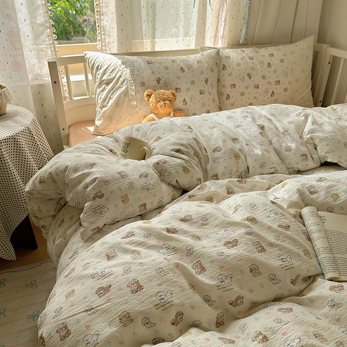 91家纺网 家纺一手货源 找家纺 沐芷 2025 蕾丝花边A类木棉双层纱四件套公主风床单被套宿舍三件套少女心 宽花边-奶萌小狗