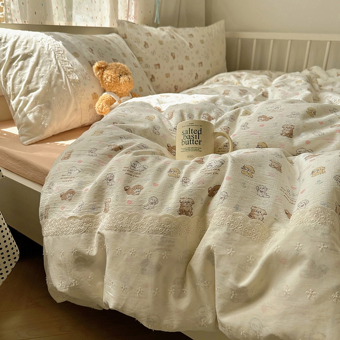 沐芷 2025 蕾丝花边A类木棉双层纱四件套公主风床单被套宿舍三件套少女心 宽花边-奶萌小狗