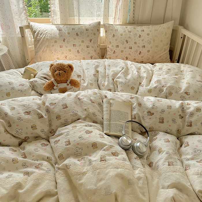 91家纺网 家纺一手货源 找家纺 沐芷 2025 蕾丝花边A类木棉双层纱四件套公主风床单被套宿舍三件套少女心 宽花边-奶萌小狗