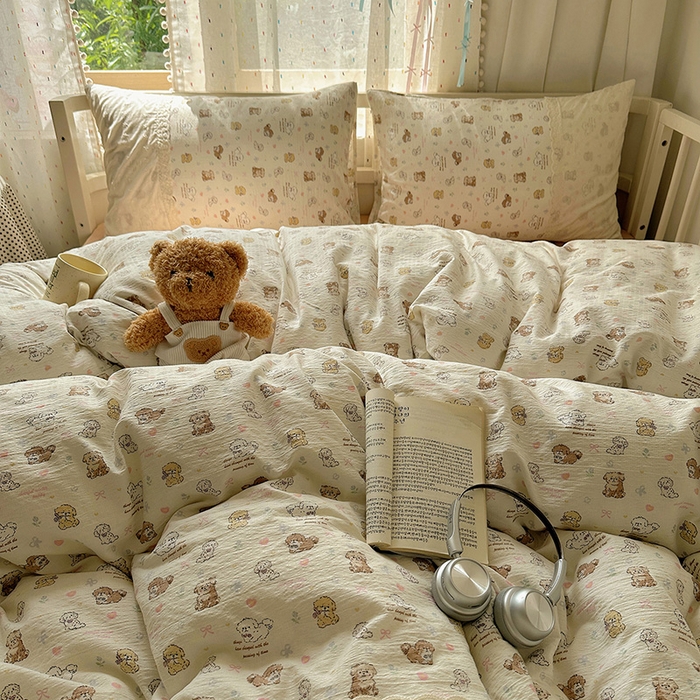 91家纺网 家纺一手货源 找家纺 沐芷 2025 蕾丝花边A类木棉双层纱四件套公主风床单被套宿舍三件套少女心 宽花边-奶萌小狗