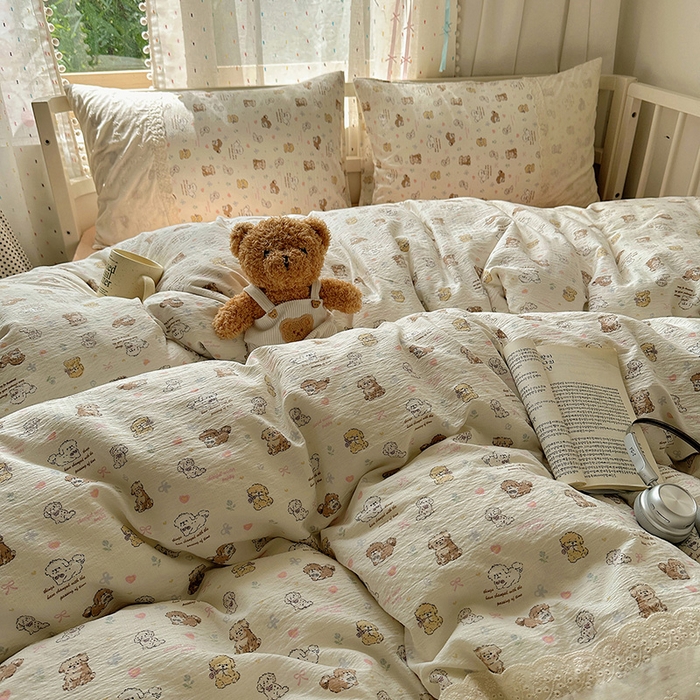 91家纺网 家纺一手货源 找家纺 沐芷 2025 蕾丝花边A类木棉双层纱四件套公主风床单被套宿舍三件套少女心 宽花边-奶萌小狗