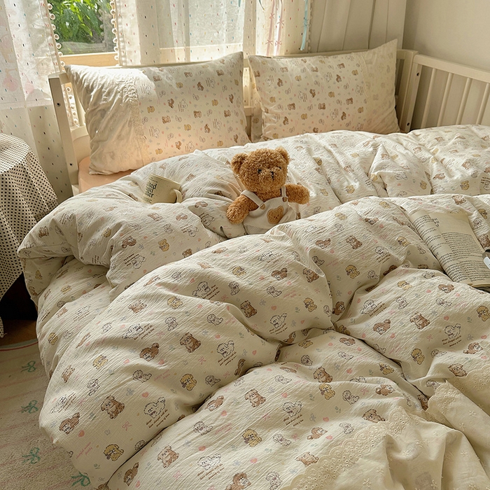 91家纺网 家纺一手货源 找家纺 沐芷 2025 蕾丝花边A类木棉双层纱四件套公主风床单被套宿舍三件套少女心 宽花边-奶萌小狗