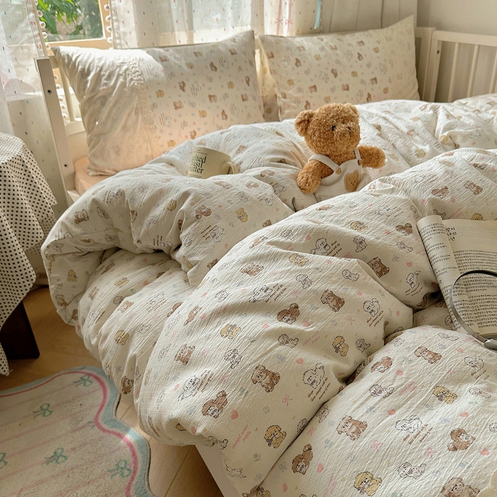 91家纺网 家纺一手货源 找家纺 沐芷 2025 蕾丝花边A类木棉双层纱四件套公主风床单被套宿舍三件套少女心 宽花边-奶萌小狗