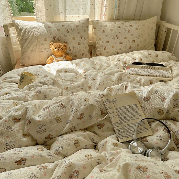 91家纺网 家纺一手货源 找家纺 沐芷 2025 蕾丝花边A类木棉双层纱四件套公主风床单被套宿舍三件套少女心 宽花边-奶萌小狗