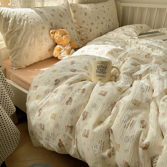 91家纺网 家纺一手货源 找家纺 沐芷 2025 蕾丝花边A类木棉双层纱四件套公主风床单被套宿舍三件套少女心 宽花边-奶萌小狗