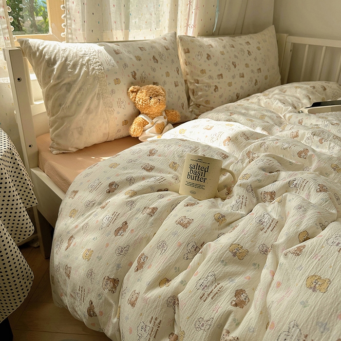 91家纺网 家纺一手货源 找家纺 沐芷 2025 蕾丝花边A类木棉双层纱四件套公主风床单被套宿舍三件套少女心 宽花边-奶萌小狗