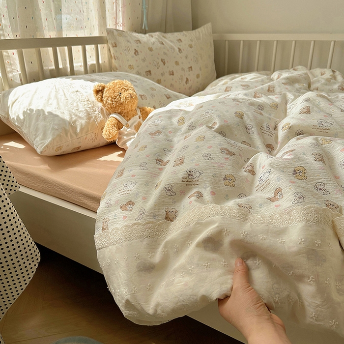 91家纺网 家纺一手货源 找家纺 沐芷 2025 蕾丝花边A类木棉双层纱四件套公主风床单被套宿舍三件套少女心 宽花边-奶萌小狗