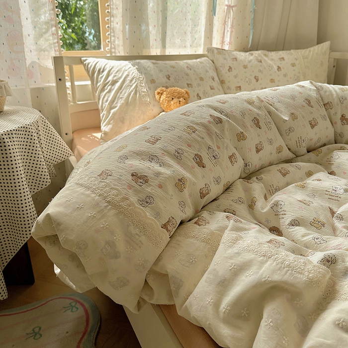 91家纺网 家纺一手货源 找家纺 沐芷 2025 蕾丝花边A类木棉双层纱四件套公主风床单被套宿舍三件套少女心 宽花边-奶萌小狗