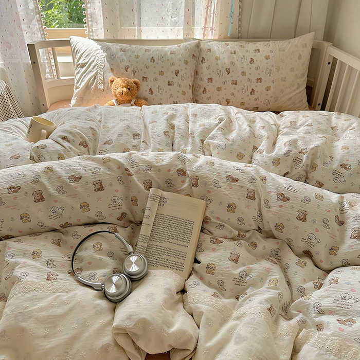 91家纺网 家纺一手货源 找家纺 沐芷 2025 蕾丝花边A类木棉双层纱四件套公主风床单被套宿舍三件套少女心 宽花边-奶萌小狗