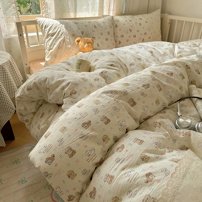 91家纺网 家纺一手货源 找家纺 沐芷 2025 蕾丝花边A类木棉双层纱四件套公主风床单被套宿舍三件套少女心 宽花边-奶萌小狗