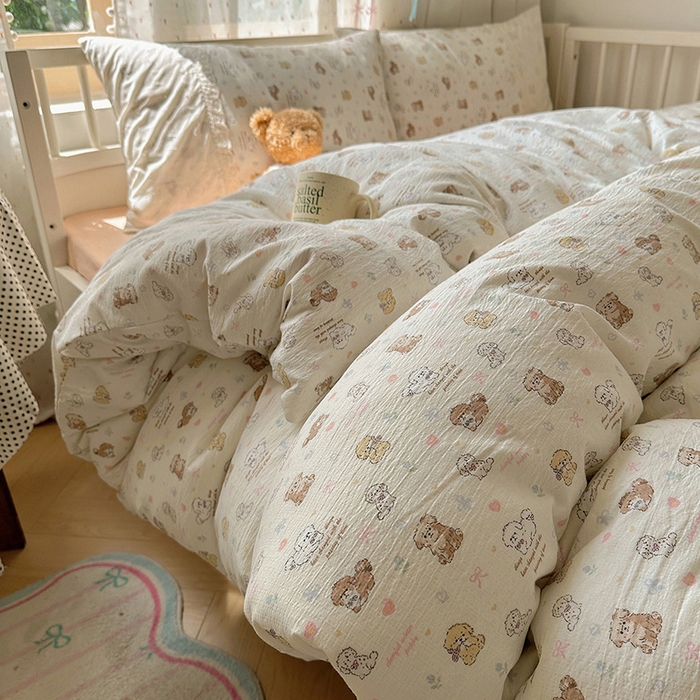 91家纺网 家纺一手货源 找家纺 沐芷 2025 蕾丝花边A类木棉双层纱四件套公主风床单被套宿舍三件套少女心 宽花边-奶萌小狗