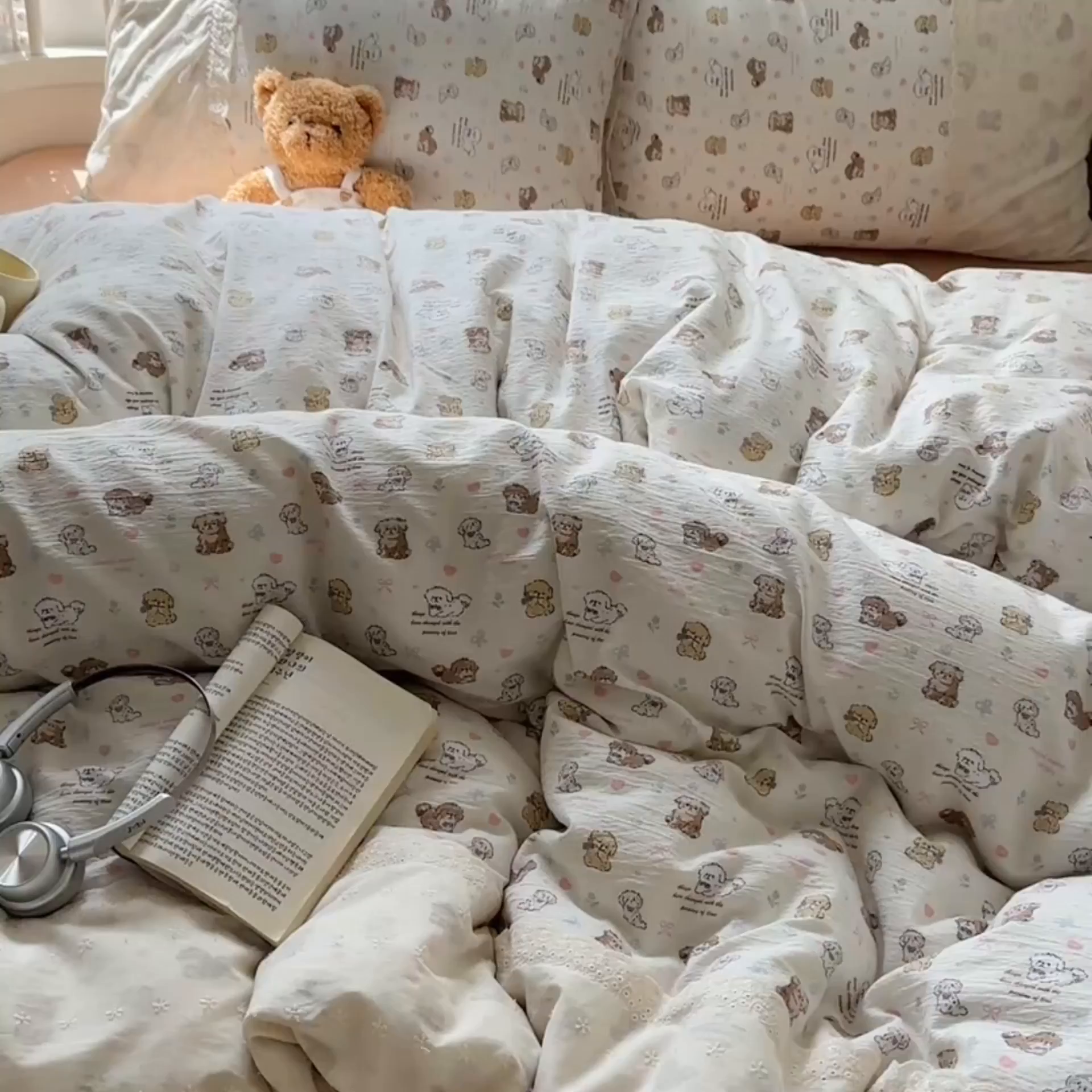 91家纺网 家纺一手货源 找家纺 沐芷 2025 蕾丝花边A类木棉双层纱四件套公主风床单被套宿舍三件套少女心 宽花边-奶萌小狗