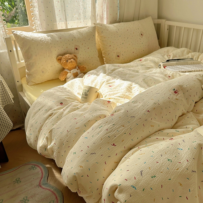 91家纺网 家纺一手货源 找家纺 沐芷 2025 蕾丝花边A类木棉双层纱四件套公主风床单被套宿舍三件套少女心 宽花边-甜心草莓