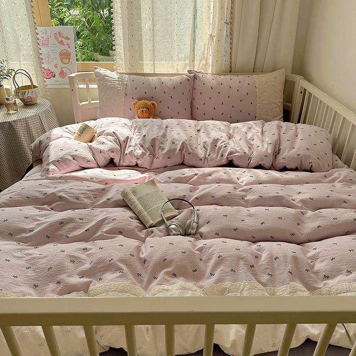 91家纺网 家纺一手货源 找家纺 沐芷 2025 蕾丝花边A类木棉双层纱四件套公主风床单被套宿舍三件套少女心 宽花边-晚安小紫