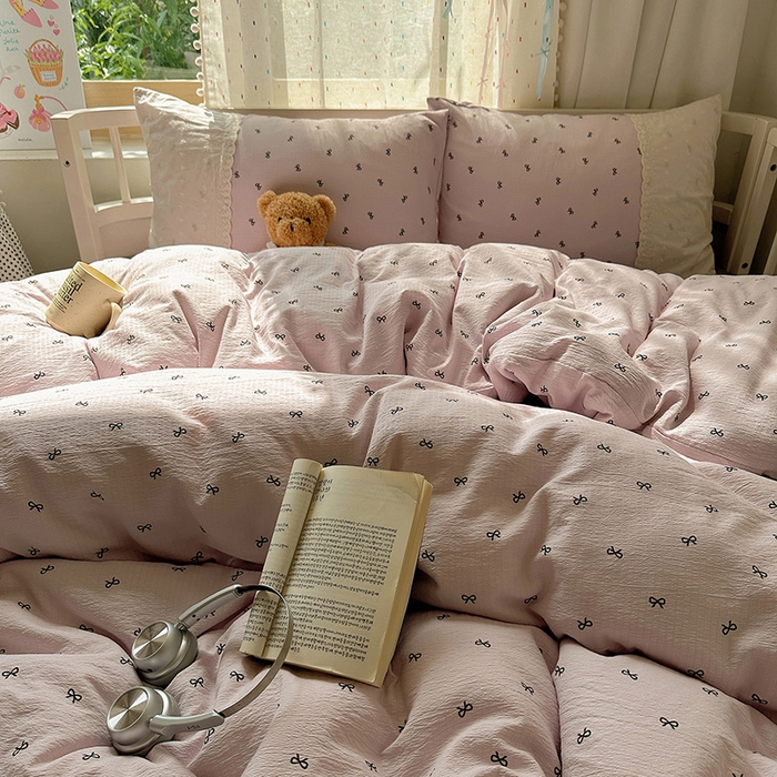 91家纺网 家纺一手货源 找家纺 沐芷 2025 蕾丝花边A类木棉双层纱四件套公主风床单被套宿舍三件套少女心 宽花边-晚安小紫