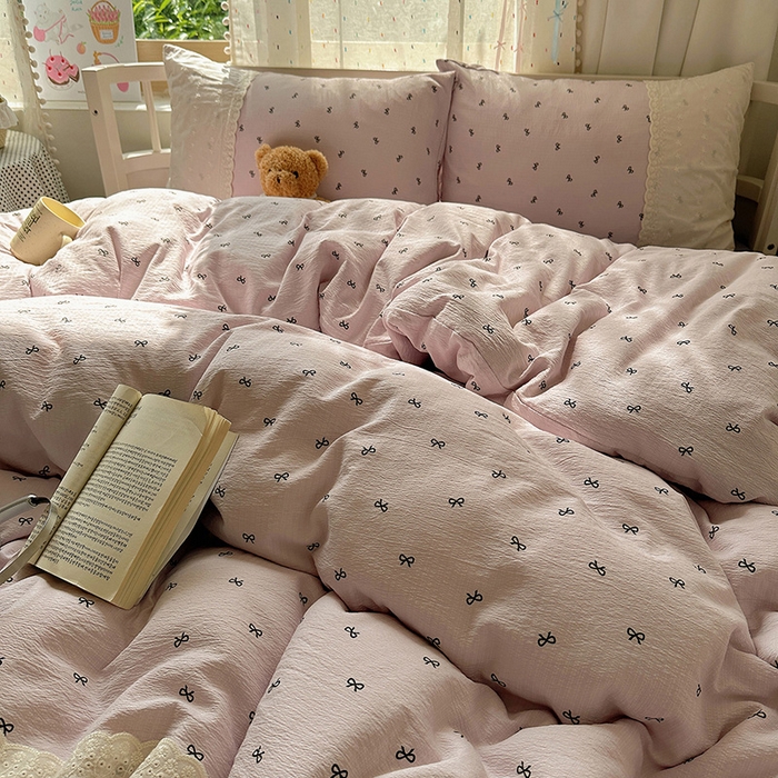 91家纺网 家纺一手货源 找家纺 沐芷 2025 蕾丝花边A类木棉双层纱四件套公主风床单被套宿舍三件套少女心 宽花边-晚安小紫