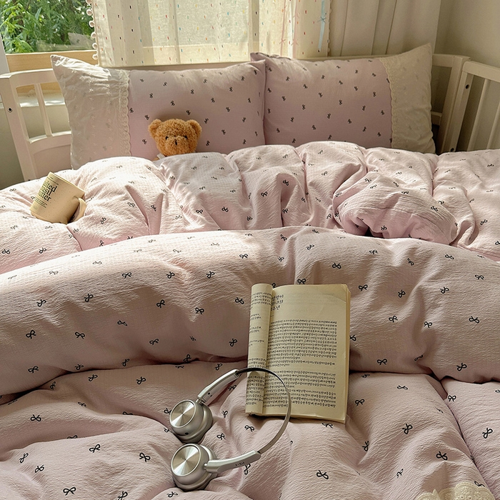 91家纺网 家纺一手货源 找家纺 沐芷 2025 蕾丝花边A类木棉双层纱四件套公主风床单被套宿舍三件套少女心 宽花边-晚安小紫