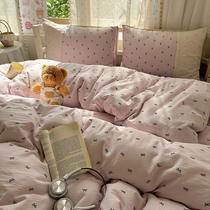 91家纺网 家纺一手货源 找家纺 沐芷 2025 蕾丝花边A类木棉双层纱四件套公主风床单被套宿舍三件套少女心 宽花边-晚安小紫