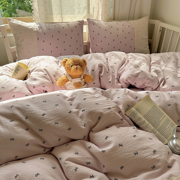 91家纺网 家纺一手货源 找家纺 沐芷 2025 蕾丝花边A类木棉双层纱四件套公主风床单被套宿舍三件套少女心 宽花边-晚安小紫