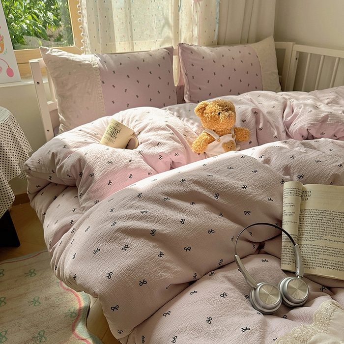 91家纺网 家纺一手货源 找家纺 沐芷 2025 蕾丝花边A类木棉双层纱四件套公主风床单被套宿舍三件套少女心 宽花边-晚安小紫