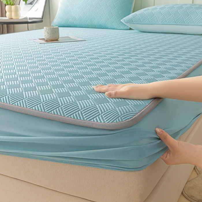 91家纺网 家纺一手货源 找家纺 欧邦 2025新款雅阁系列提花冰豆豆床笠款夏被四件套 雅格-碧绿