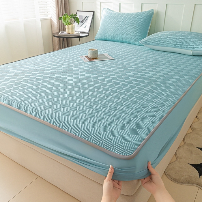 91家纺网 家纺一手货源 找家纺 欧邦 2025新款雅阁系列提花冰豆豆床笠款夏被四件套 雅格-碧绿