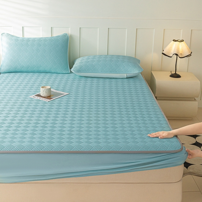 91家纺网 家纺一手货源 找家纺 欧邦 2025新款雅阁系列提花冰豆豆床笠款夏被四件套 雅格-碧绿