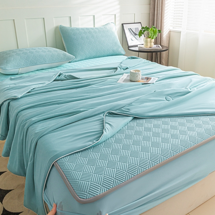 91家纺网 家纺一手货源 找家纺 欧邦 2025新款雅阁系列提花冰豆豆床笠款夏被四件套 雅格-碧绿