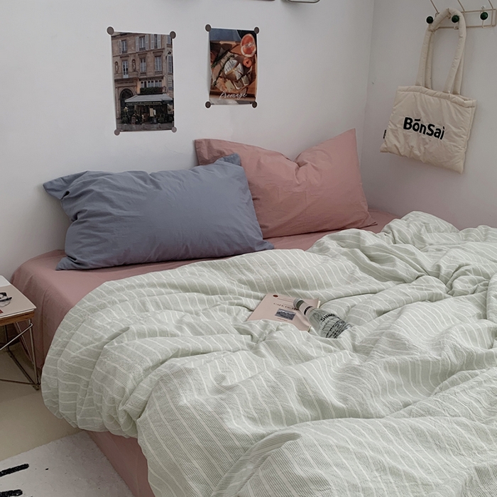 91家纺网 家纺一手货源 找家纺 柚可家居 2024新款40支色织全棉水洗棉三拼四件套 原雾川