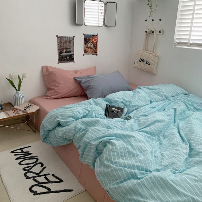 91家纺网 家纺一手货源 找家纺 柚可家居 2024新款40支色织全棉水洗棉三拼四件套 和川