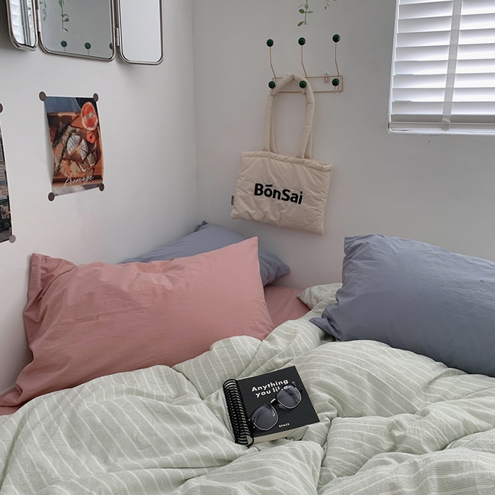 91家纺网 家纺一手货源 找家纺 柚可家居 2024新款40支色织全棉水洗棉三拼四件套 原雾川