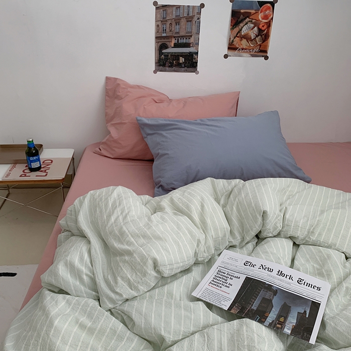 91家纺网 家纺一手货源 找家纺 柚可家居 2024新款40支色织全棉水洗棉三拼四件套 原雾川