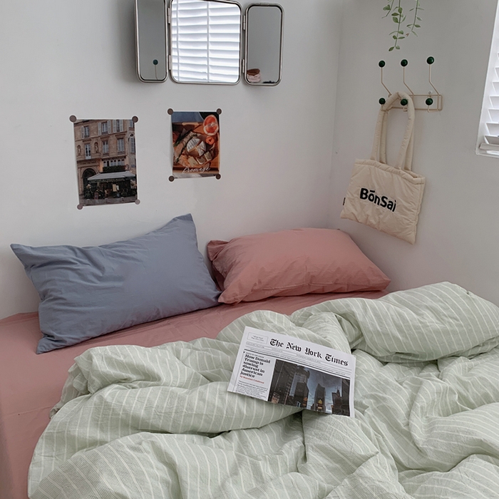 91家纺网 家纺一手货源 找家纺 柚可家居 2024新款40支色织全棉水洗棉三拼四件套 原雾川