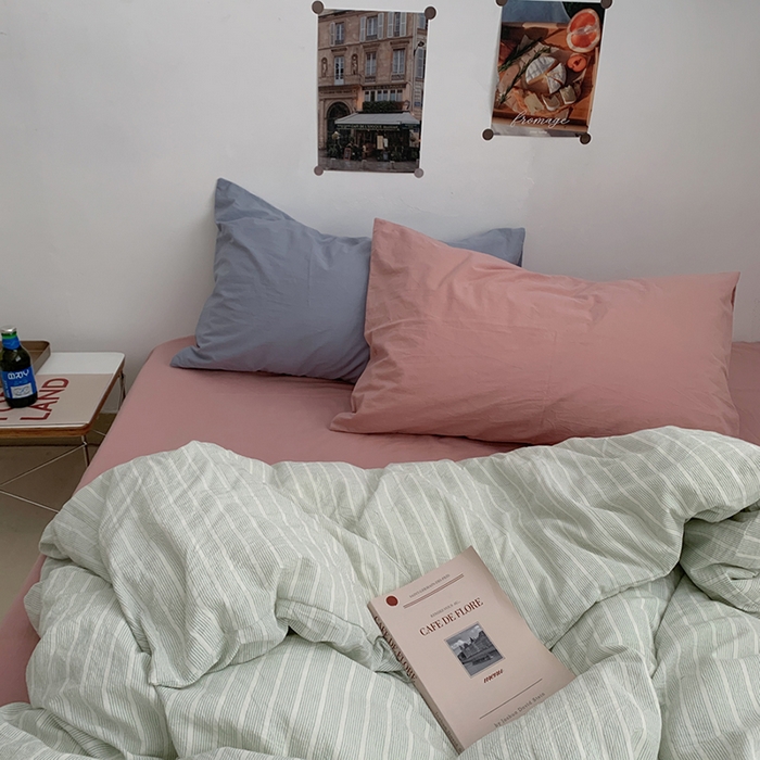 91家纺网 家纺一手货源 找家纺 柚可家居 2024新款40支色织全棉水洗棉三拼四件套 原雾川