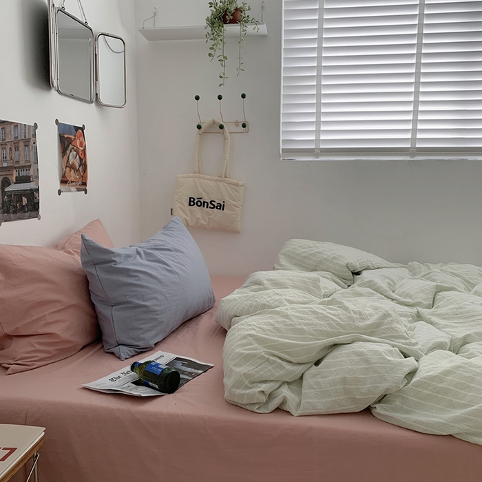 91家纺网 家纺一手货源 找家纺 柚可家居 2024新款40支色织全棉水洗棉三拼四件套 原雾川