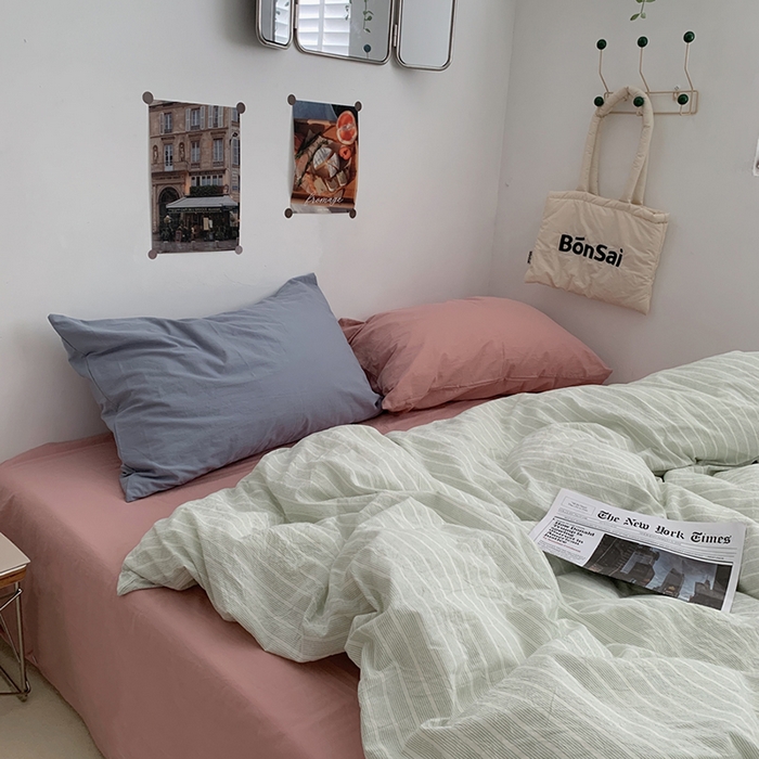 91家纺网 家纺一手货源 找家纺 柚可家居 2024新款40支色织全棉水洗棉三拼四件套 原雾川