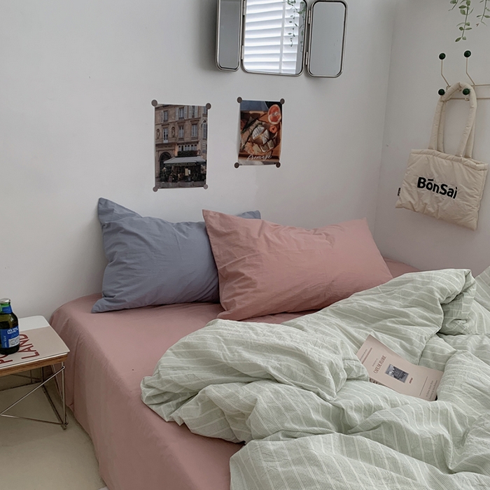 91家纺网 家纺一手货源 找家纺 柚可家居 2024新款40支色织全棉水洗棉三拼四件套 原雾川