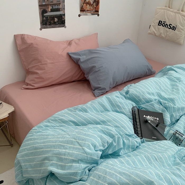 91家纺网 家纺一手货源 找家纺 柚可家居 2024新款40支色织全棉水洗棉三拼四件套 和川