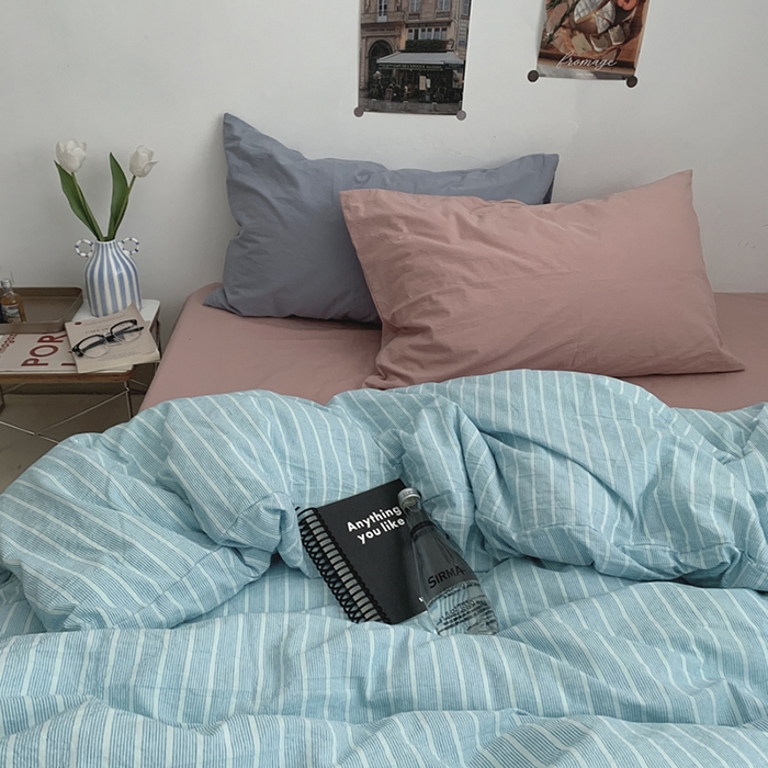 91家纺网 家纺一手货源 找家纺 柚可家居 2024新款40支色织全棉水洗棉三拼四件套 和川