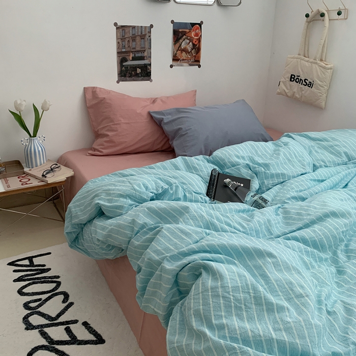 91家纺网 家纺一手货源 找家纺 柚可家居 2024新款40支色织全棉水洗棉三拼四件套 和川