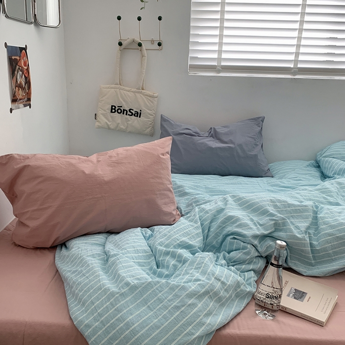 91家纺网 家纺一手货源 找家纺 柚可家居 2024新款40支色织全棉水洗棉三拼四件套 和川