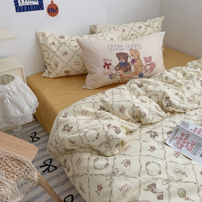 91家纺网 家纺一手货源 找家纺 柚可家居 2024新款40支纯棉活性印花四件套-小熊系列-实拍图第二组 爱心小熊 波点黄