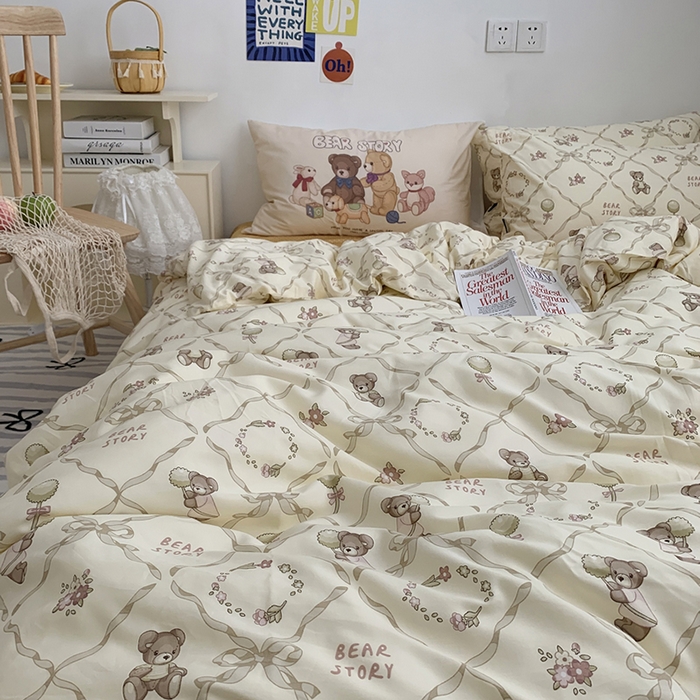 91家纺网 家纺一手货源 找家纺 柚可家居 2024新款40支纯棉活性印花四件套-小熊系列-实拍图第二组 爱心小熊 波点黄