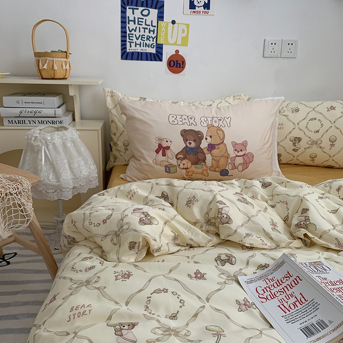 91家纺网 家纺一手货源 找家纺 柚可家居 2024新款40支纯棉活性印花四件套-小熊系列-实拍图第二组 爱心小熊 波点黄