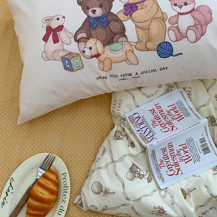 91家纺网 家纺一手货源 找家纺 柚可家居 2024新款40支纯棉活性印花四件套-小熊系列-实拍图第二组 爱心小熊 波点黄