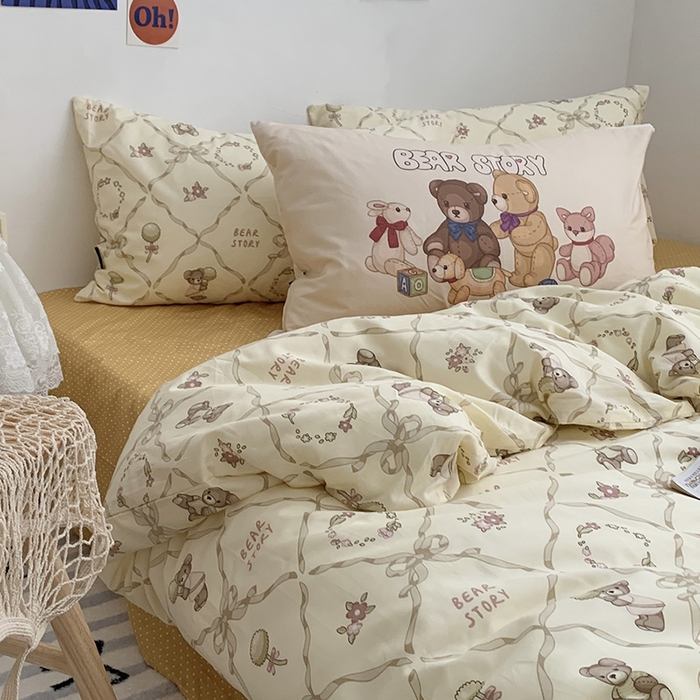 91家纺网 家纺一手货源 找家纺 柚可家居 2024新款40支纯棉活性印花四件套-小熊系列-实拍图第二组 爱心小熊 波点黄