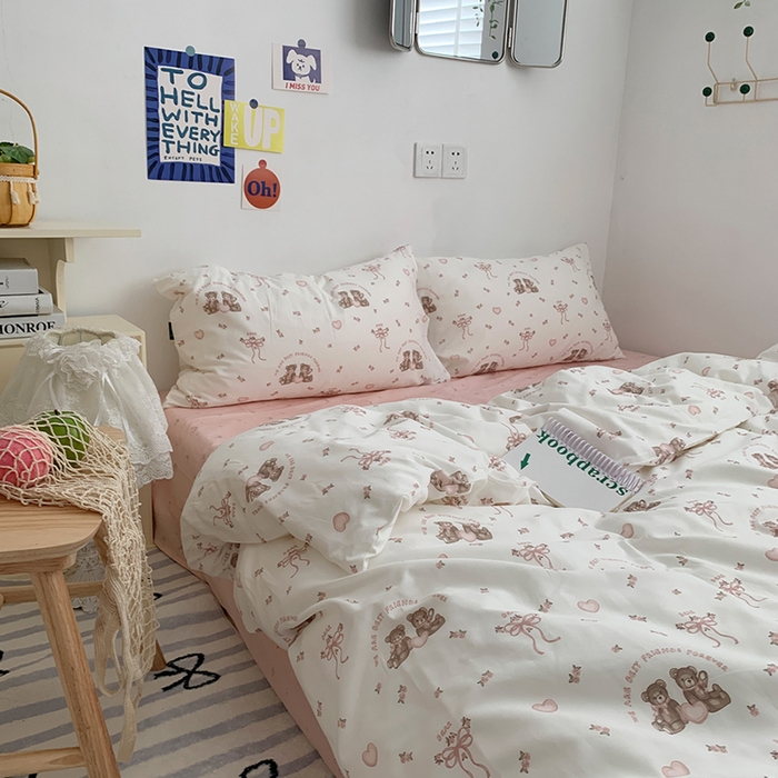柚可家居 2024新款40支纯棉活性印花四件套-小熊系列-实拍图第二组 恋爱小熊 蝴蝶结粉