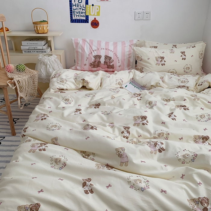 91家纺网 家纺一手货源 找家纺 柚可家居 2024新款40支纯棉活性印花四件套-小熊系列-实拍图第二组 奶油小熊蝴蝶结粉